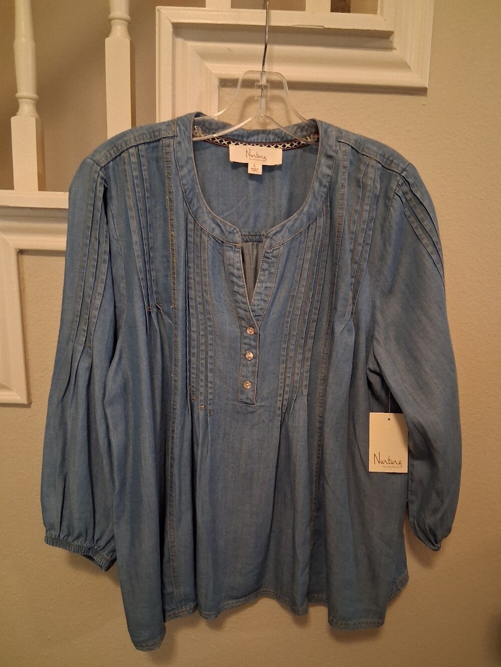 Nurture by Westbound Light Blue Denim Pintuck Peasant Top